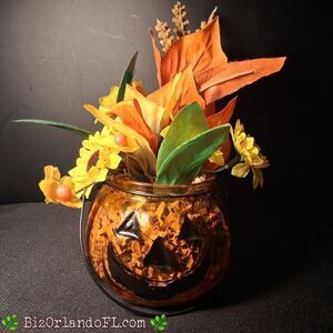 VINTAGE: Autumn Pumpkin Glass Vase with Floral Arrangement